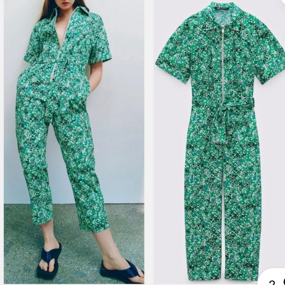Zara Floral Printed Belted Zip Up Jumpsuit